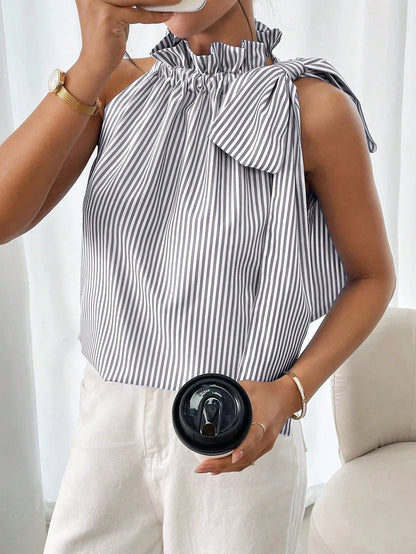 🍒Women shirts sleeveles sweet stripe blouse cute printed summer tops tie bow smart casual attire ladies