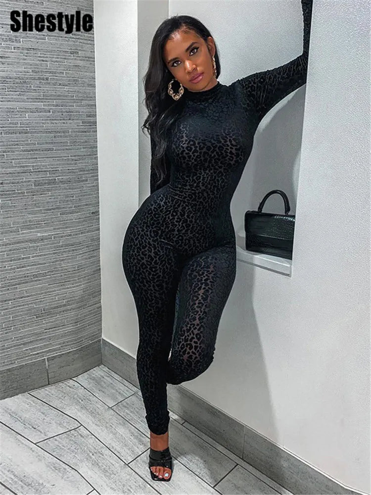 🍒Shestyle leopard transparent Jumpsuit skinny one piece for women mock neck black animal print clothing transparent outfit slim clubwear partywear fashion