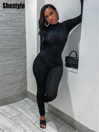 🍒Shestyle leopard transparent Jumpsuit skinny one piece for women mock neck black animal print clothing transparent outfit slim clubwear partywear fashion