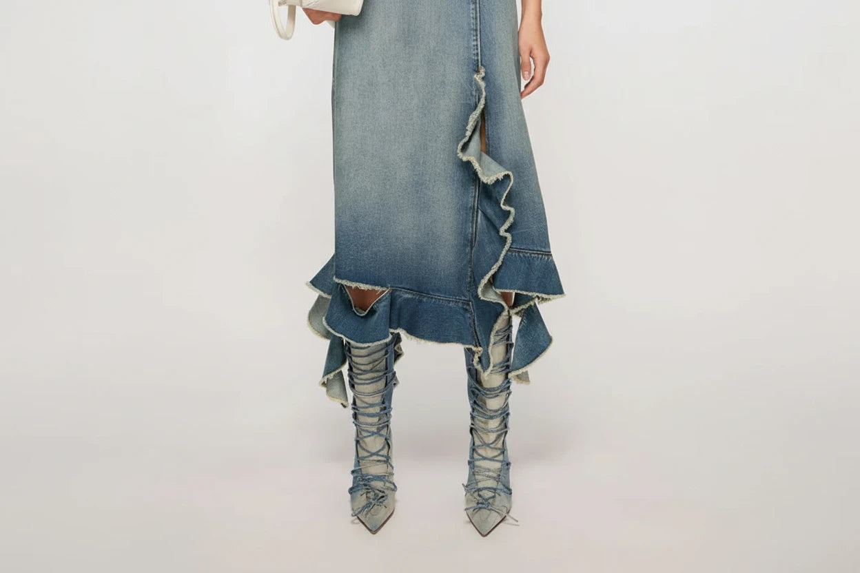 🍒Lace up jeans boots blue with heel long pointed toe stilettos runway fashion shoes modern denim footwear for women Dressy Denims