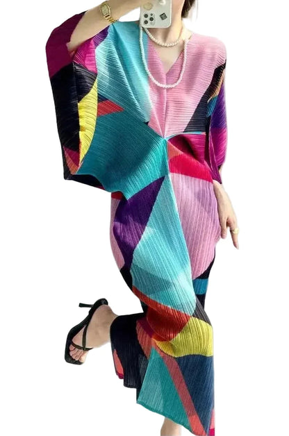 🍒Pleated batwing sleeves dress for women's high end fashion and relaxed printed v-neck holiday wear party occasion plisse clothing multi colour outfit Bag A Batwing