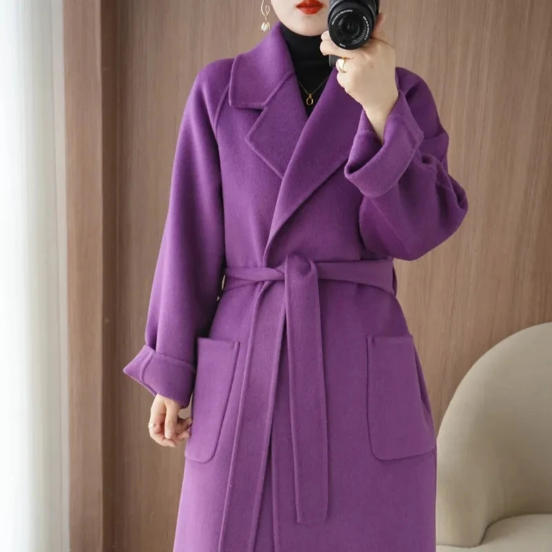 🍒100% wool coat for women autumn/winter fashion double sided cashmere coat with belt elegant long overcoat smart casual outerwear Warmup In Wool