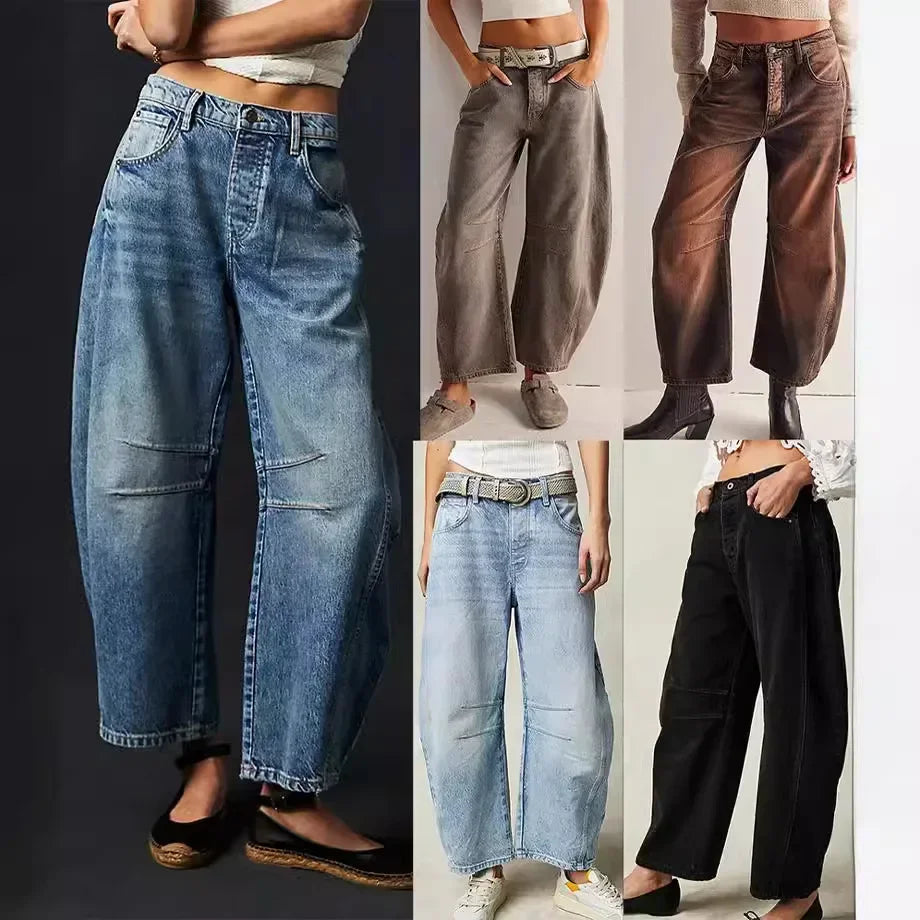 🍒Los middellyf Jeans gebleikte denimstyl vol lengte broeke mode soliede kleur broeke met sakke gemaklike drag vir vroue Barrels Of Style