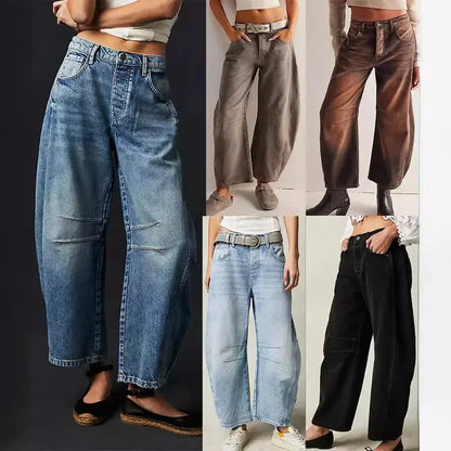 🍒Los middellyf Jeans gebleikte denimstyl vol lengte broeke mode soliede kleur broeke met sakke gemaklike drag vir vroue Barrels Of Style