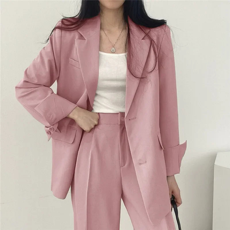 🍒Effenkleur vrouepakstel mode los gemaklike drag 2-stuk stel kantoorpakke vir dames langmou sakbaadjie formele drag strawberry chocolate ...Suit Yourself