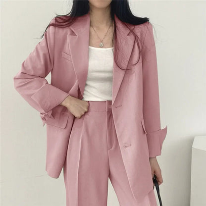 🍒Effenkleur vrouepakstel mode los gemaklike drag 2-stuk stel kantoorpakke vir dames langmou sakbaadjie formele drag strawberry chocolate ...Suit Yourself