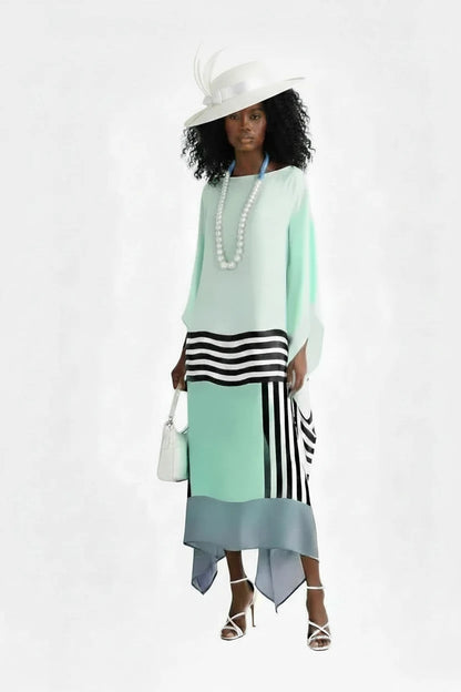 🍒Women's striped maxi dress slash neck Irregular outfit hem shape batwing sleeve summer dress slanted shoulders bohemian style clothing