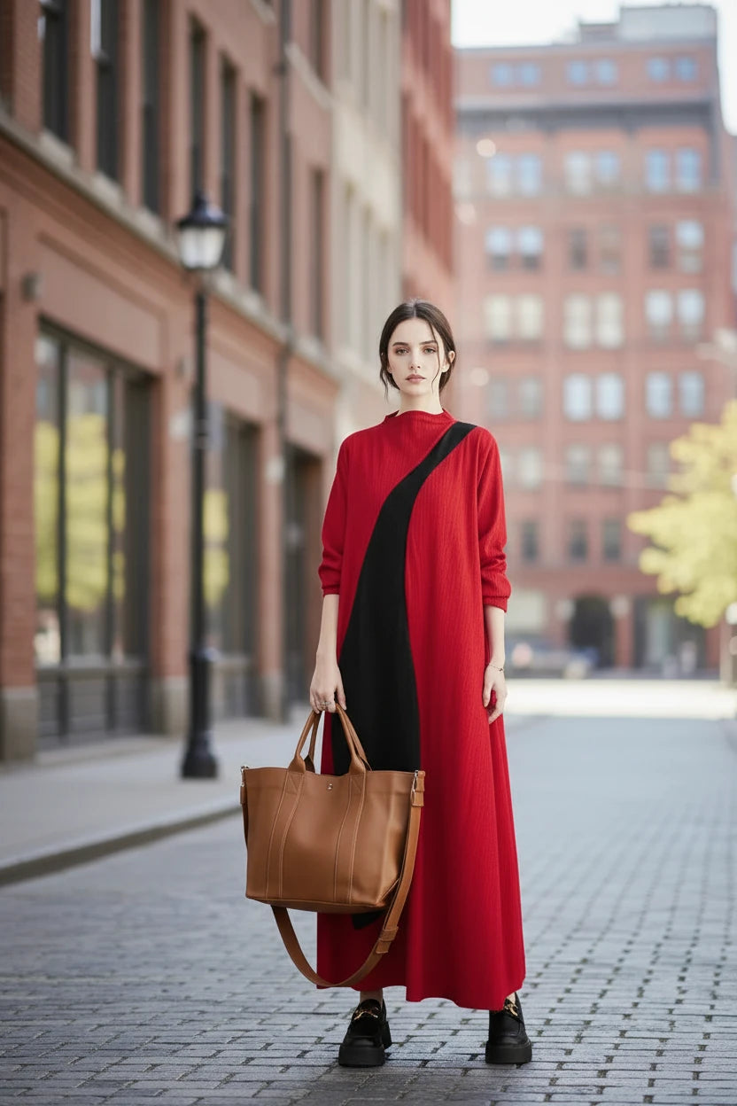 🍒Long sleeve maxi dress red and black outfit long sleeve loose  women smart casual clothes with patchwork loose fit a-line occasion wear chic holiday wear oversize fashion  Black Out Boring Clothes And Get This Red