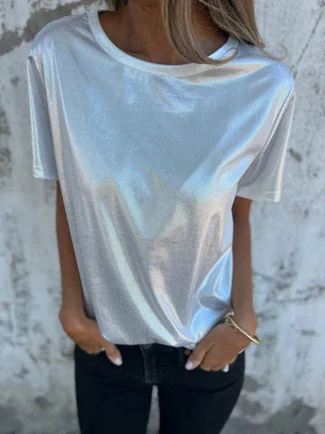 🍒Metaalagtige los top blink kortmou T-hemp dames spesiale geleentheid tops goud T-hemp o-nek mode slim gemaklike damesklere Top 'Talic Tee