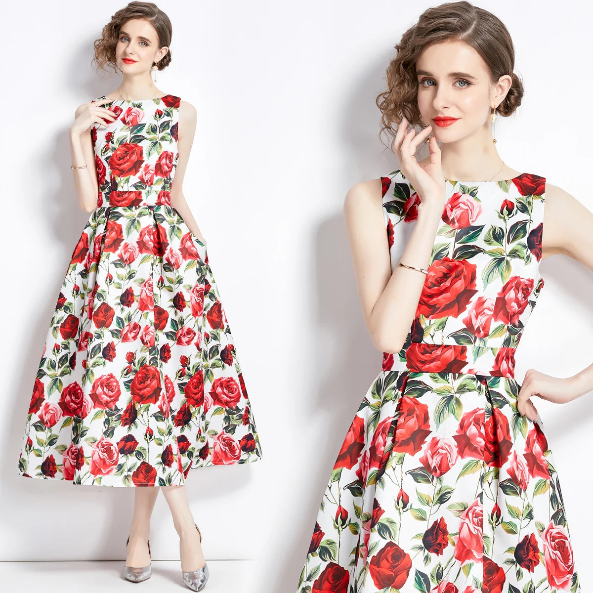 🍒Designer fashion dress floral print clothing vintage a line party wear outfit for women birthday dinner retro runway occasion wear  make ARRANGEMENTs for these FLOWERs