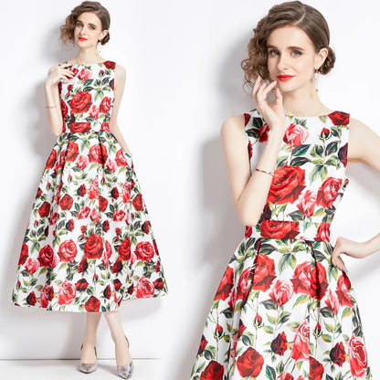 🍒Designer fashion dress floral print clothing vintage a line party wear outfit for women birthday dinner retro runway occasion wear  make ARRANGEMENTs for these FLOWERs
