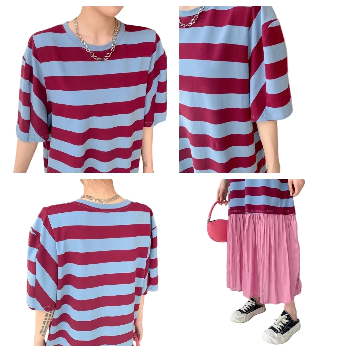 🍒Summer women midi dresses plus size false two-piece cotton stripe mixed media outfit casual wear holiday fashion wear stripee Plain And Simple
