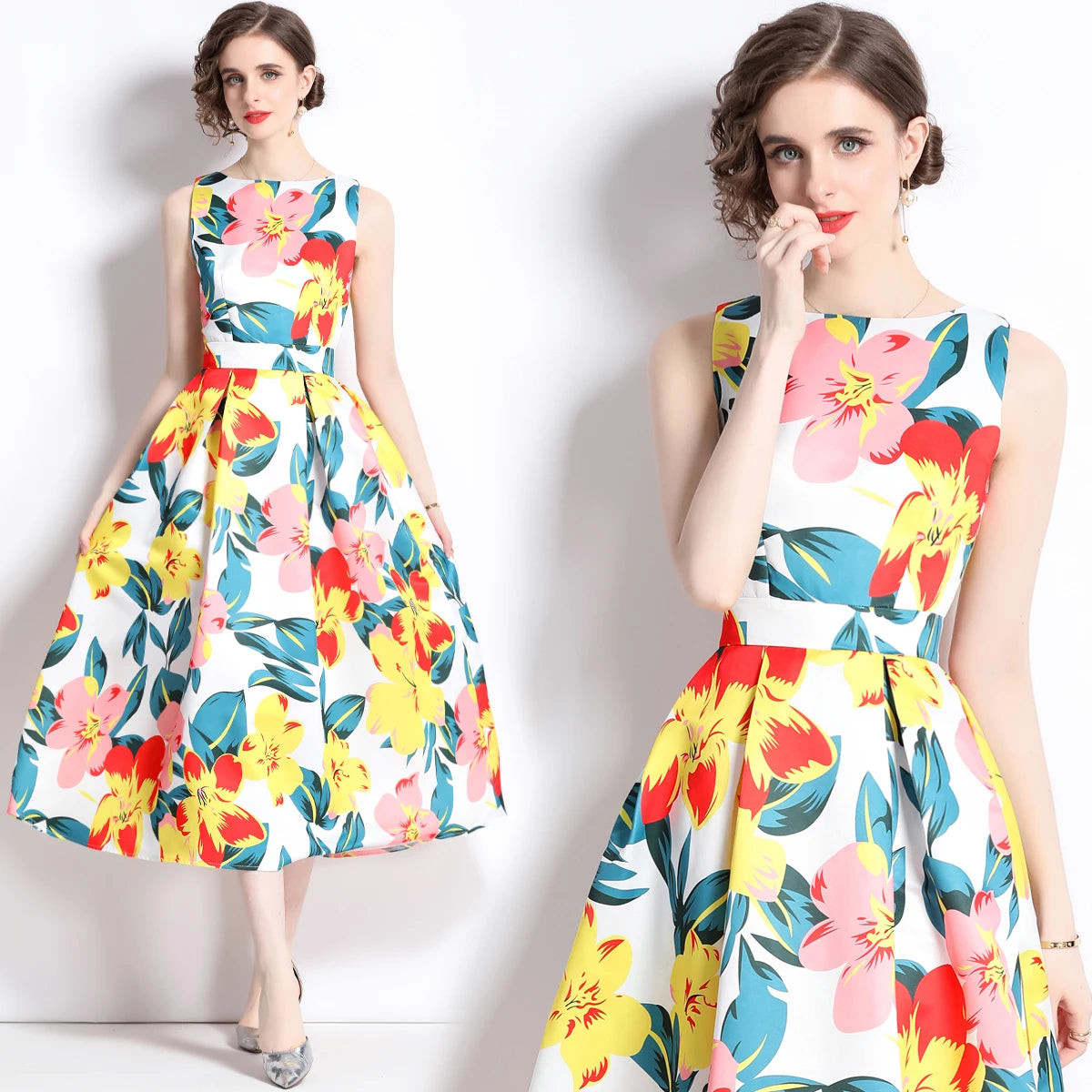 🍒Designer fashion dress floral print clothing vintage a line party wear outfit for women birthday dinner retro runway occasion wear  make ARRANGEMENTs for these FLOWERs