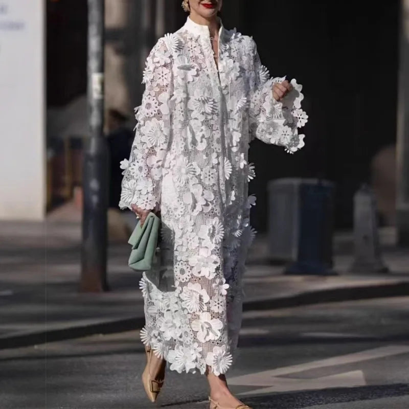 🍒Women's lace dress 3d flowers long sleeve maxi womens occasion wear wedding guest outfit autumn party wear Fem Fleur Fresh Fashion