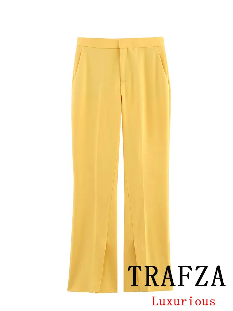 🍒ladies office trouser suit yellow colour solid set v double breasted  jacket with pockets blazer + flared loose pants vintage suits women                                        CAN this v -ARY quick