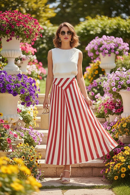 🍒French a line skirt striped high end exquisite hepburn midi skirt elegant smart casual wear women Office wear occasion wear Feel Candy In Stripes