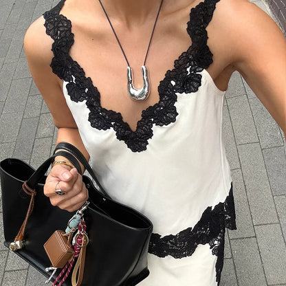 🍒 Kant-camisole en maxi-rompstel vir vroue, lappieskombers mouloos ooprug-top en lang los rompe, vroulike somermode, geleentheidspartytjieklere, deftige gemaklike vroue, Lady Lace