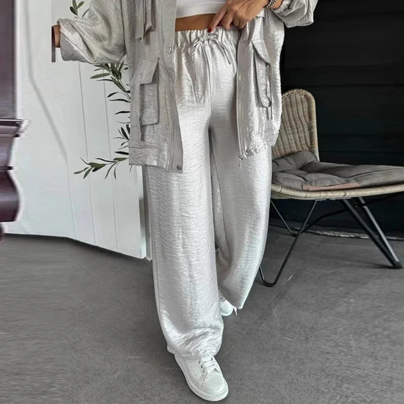 🍒Elegant casual single breasted utility coat jacket and matching pants suit women's retro loose large pocket solid colour two piece set Pocket These Pants And Jacket The Saving