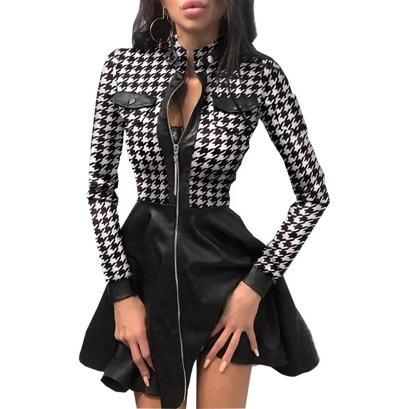 🍒Pu leerrok vir vroue kant gaas mou gemengde media mode partytjie rok mini elegante opstaande nek kraag a-lyn uitrusting Mooi Plaid Pu