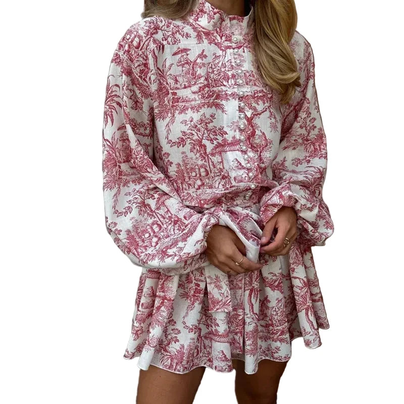 🍒Printed mini dress long sleeve clothes for hot weather o-neck outfit a line flare short china print smart casual female clothes fashion beach party wear holiday wear  Drink Cocktails In Your China