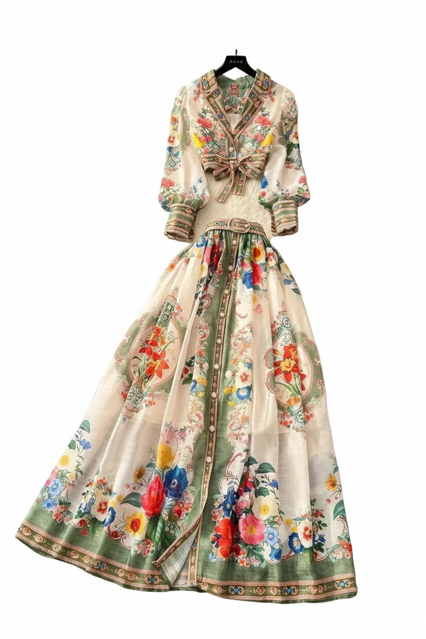 🍒Floral 2 piece skirt set women smart casual summer outfit fashion crop tops floral blouse long sleeve plus a-line long skirt beach outfits Peachy Passion