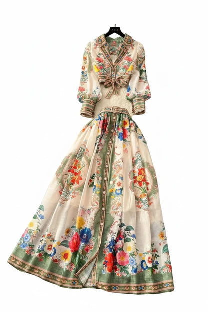 🍒Floral 2 piece skirt set women smart casual summer outfit fashion crop tops floral blouse long sleeve plus a-line long skirt beach outfits Peachy Passion
