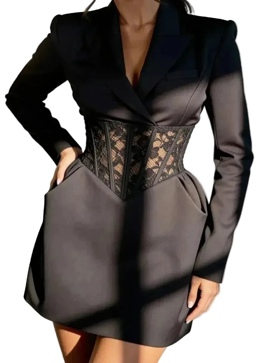 🍒Lace mixed media dress blazer v-neck dresses with sleeves short long sleeve mini evening party chic gown Spring feminine dress occasion wear womens    don’t WAIST time NET this SHORTly