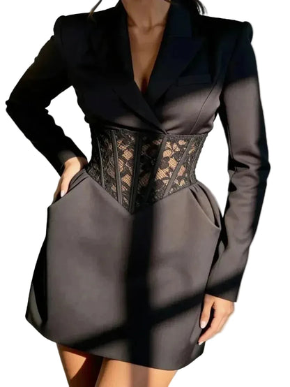 🍒Lace mixed media dress blazer v-neck dresses with sleeves short long sleeve mini evening party chic gown Spring feminine dress occasion wear womens    don’t WAIST time NET this SHORTly
