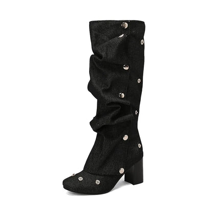 🍒Denim boots for Women blue multi snap-fastener pleated shoes with zip wide calf length boots winter footwear Cute Cowboy