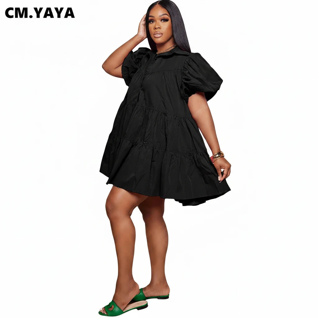 🍒Puff sleeve dress baby doll style single breasted lapel collar dress women mini outfit big swing loose smock dress  Get Puffed Out In A Swing