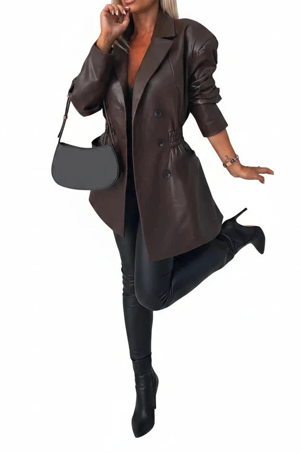🍒Long sleeve faux leather mini  dress elastic waist retro double breasted outfit occasion trendy office wear clothing smart casual clothes women Life Leather
