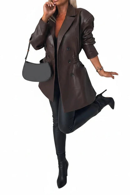 🍒Long sleeve faux leather mini  dress elastic waist retro double breasted outfit occasion trendy office wear clothing smart casual clothes women Life Leather