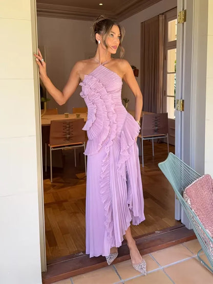 🍒Ruffles aandrok elegante nekband geplooide A-lyn midi-rok effekleur someruitrustings ruglose vakansiedrag Y2k mode partytjie geleentheidsdrag Kry hierdie Ruffle Jy sal Verheug wees