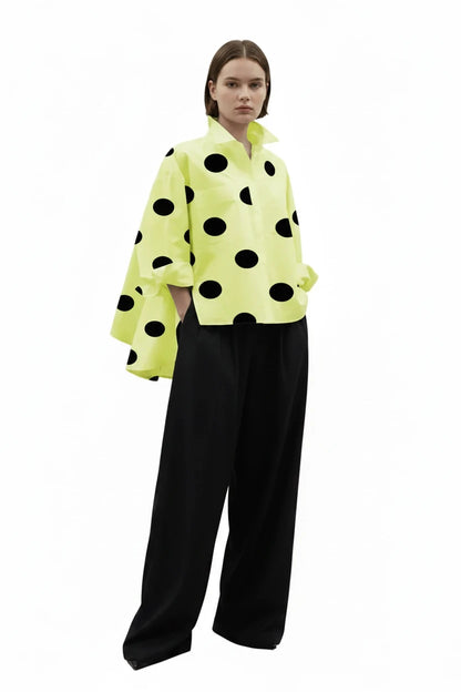 🍒Long sleeve polka dot shirt cotton Button Up high low blouse designer style clothing holiday wear chic fashion wear for women black and white fashion Delightful Dots