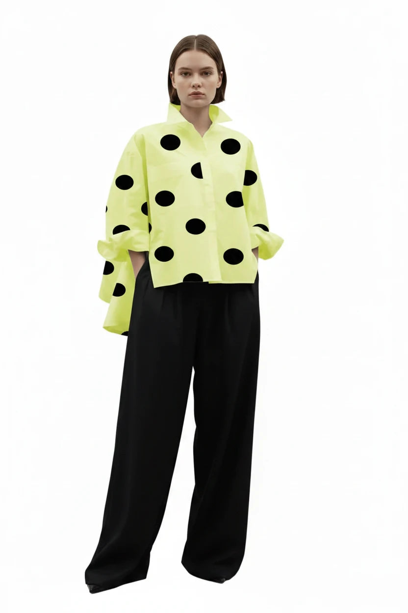 🍒Long sleeve polka dot shirt cotton Button Up high low blouse designer style clothing holiday wear chic fashion wear for women black and white fashion Delightful Dots