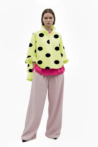 🍒Long sleeve polka dot shirt cotton Button Up high low blouse designer style clothing holiday wear chic fashion wear for women black and white fashion Delightful Dots