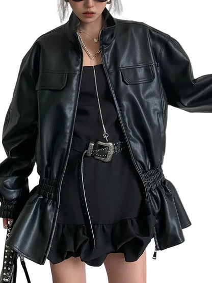 🍒Black pu leather jacket elastic waist ruffle hem coat with elasticated waist for women long sleeve loose fit fashion autumn spring female smart casual outerwear EXPAND Your look with This ELASTICATED waist