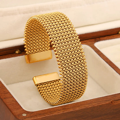🍒Vintage Y2K stainless steel cuff bracelet wide weave open cuff bangle bracelet for women hollow waterproof stackable occasion jewellery for party smart casual jewellery gift Send A MESH -age