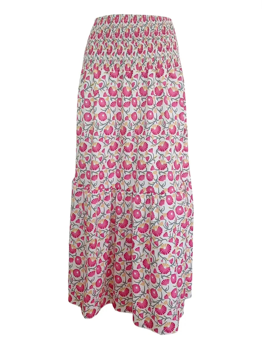 🍒Flowy maxi skirt floral print long  vintage high waist maxi fashion elastic a -line skirt boho outit beach versitile holiday sundress  Maxi-mum Flow Beautiful Boho