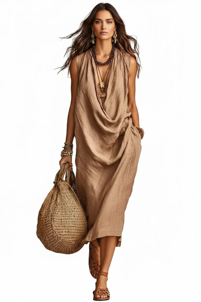 🍒A-line dress women v-neck outfits long draped neck summer wear sleeveless maxi outfit loose flowy casual fashion for holidays outfits vacation beach clothes Drapy Dream