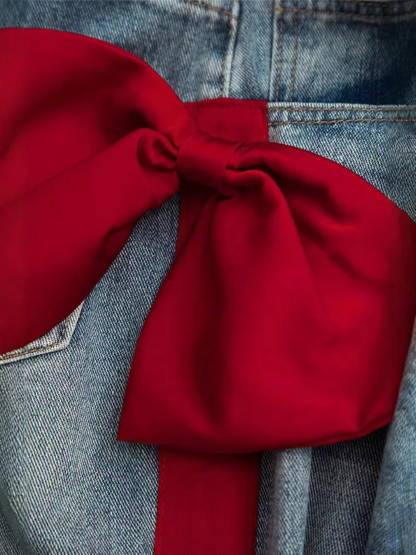🍒Women's spring/autumn style Jeans fashion versatile slim Fit casual pants with linear and  bow detail decoration tie bow trousers  flared leg denim Line Up For These Bow Lines