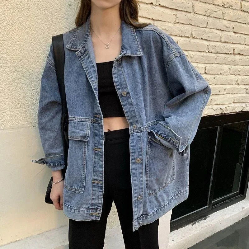 🍒Vroue-denimbaadjie met langmoue Jeansbaadjie met groot sakke Bf unisex knoop-oorbaadjie gemaklike klerasie Do Your Day Denim