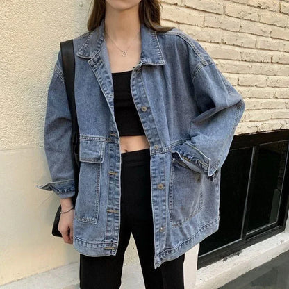 🍒Vroue-denimbaadjie met langmoue Jeansbaadjie met groot sakke Bf unisex knoop-oorbaadjie gemaklike klerasie Do Your Day Denim