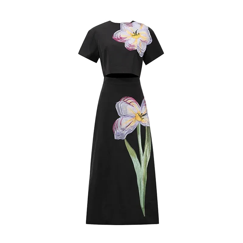 🍒3d flower skirt and top set womens two piece outfits slit back crop top and high waist a-line skirt smart casual wear female Every Body Loves A Flower