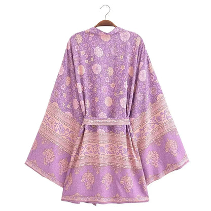 🍒Beach coverups wild floral print short light kimono jacket batwing duster bohemian ladies v-neck rayon short bikini swimwear cover over vacation wear holiday clothing casual wear  Colourful Comfort