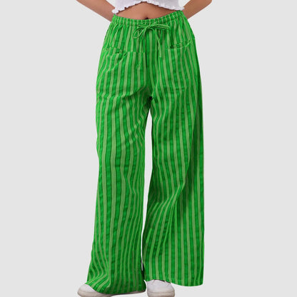 🍒Gestreepte wye been broek hoë middellyf elastiese broek trekkoord wye been broek sakkerige onderdele vroue gemaklike hoëstraat klere met sak Kry 'n lospassende voorkoms in gestreepte los broeke