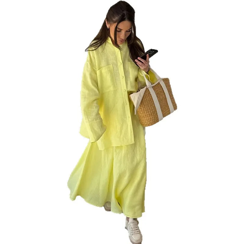 🍒Tweedelige vroueklere-stelle somerdrag afdraaikraag-hemp volmou-top plus gedrapeerde lang romp uitrusting maxi vroulike mode ontspanne slim gemaklike drag Kalk In Jou Suurlemoen