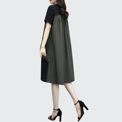 🍒Street style fashion dress t-shirt style short sleeve round neck outfit smart casual women's patchwork and pocket summer wear Patch Up Your Fashion And pocket the Change