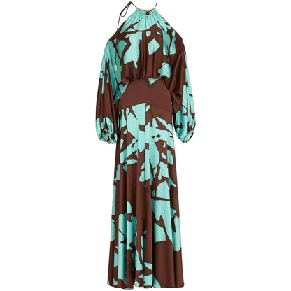 🍒Elegant evening dresses vacation style outfits printed off shoulder with slits party evening wear fashion clothing for women Look Sound In Aqa Brown Gown