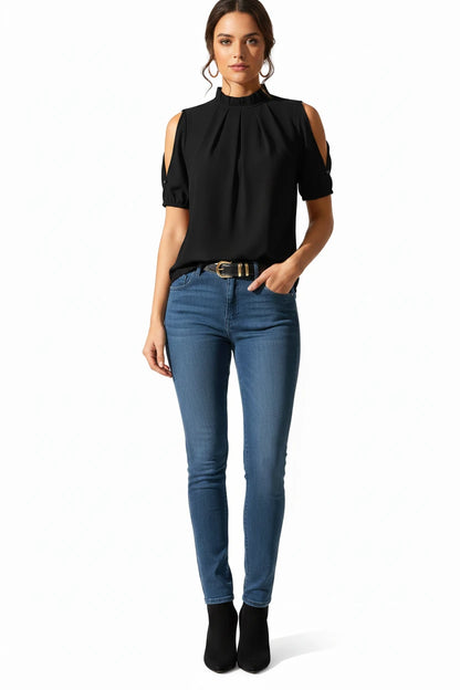 🍒Cold shoulder black top short sleeve design office wear women Ladie blousese summer casual wear feminine shirt Choose Chic